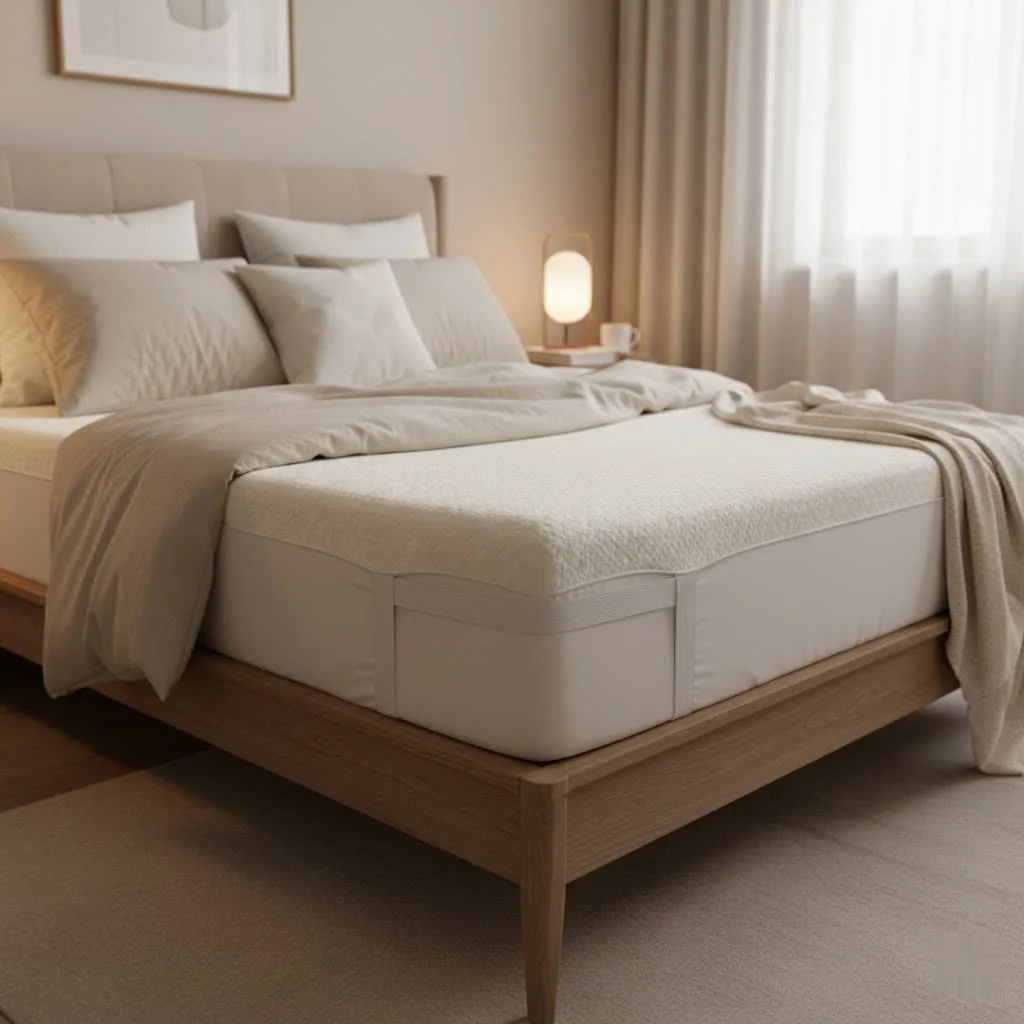 Person stretching on a bed with a mattress topper for back pain