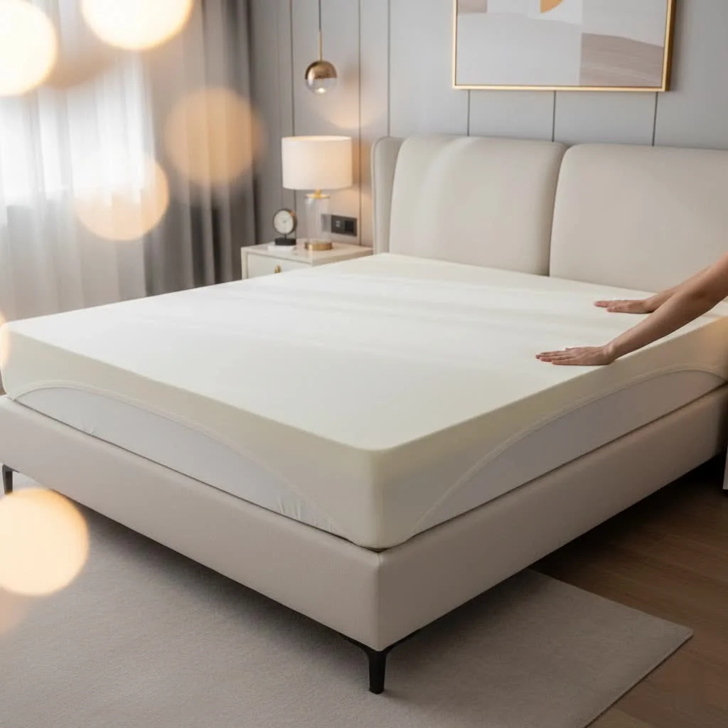 Egg crate foam mattress topper on a bed